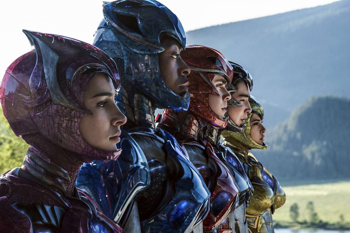 In this image released by Lionsgate, Naomi Scott, from left, RJ Cyler, Dacre Montgomery, Ludi Lin and Becky G appear in a scene from, "Power Rangers." (Kimberly French/Lionsgate via AP)