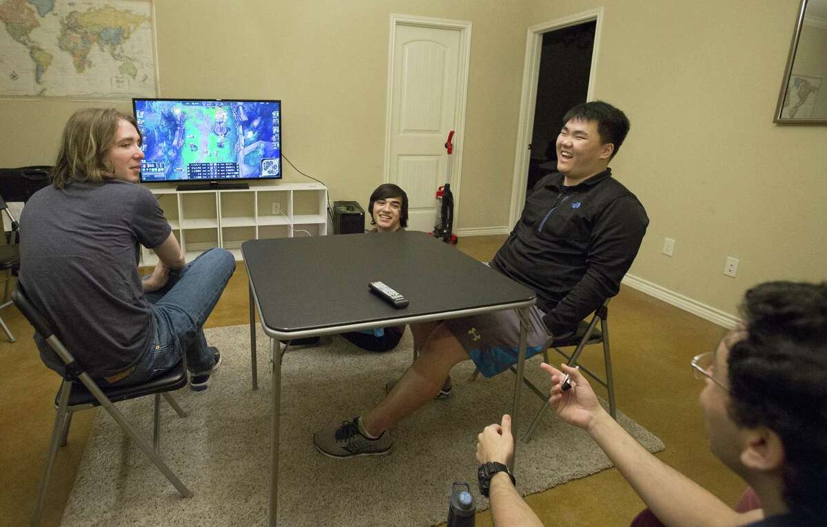 Texas A&M eSports team review and evaluate a video recording of a game the team played earlier that week to strategize for their next playoff matchup Saturday, March 4, 2017, in College Station. Clockwise: Zac Acosta, Andrew Oh, Youssef Elmasry and Joey Bowers.