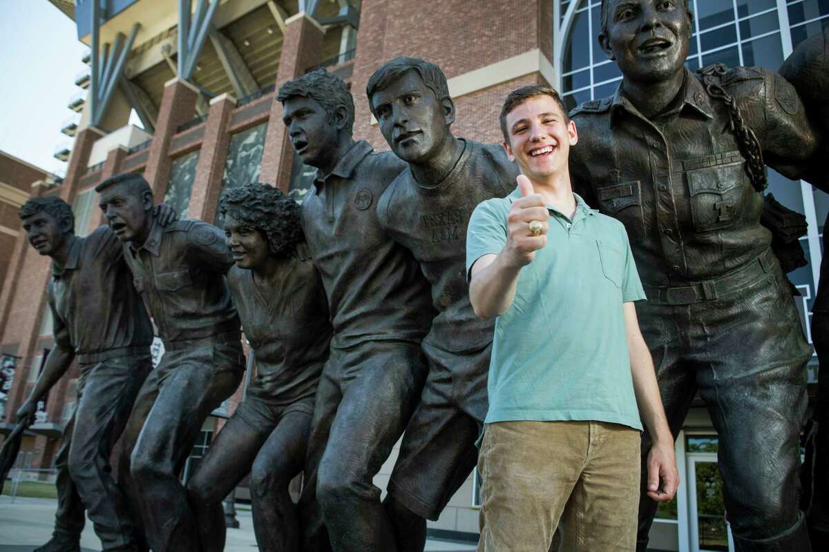 Texas A&M's newly-elected student body president Bobby Brooks, a junior from Belton, Texas, poses for a portrait in front of the War Hymn Monument on Monday, March 20, 2017, in Houston.