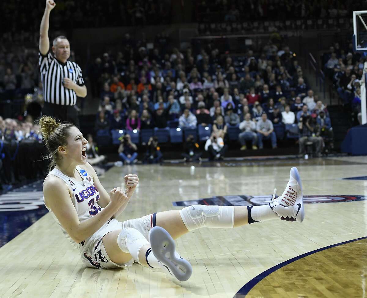 Connecticut Huskies guard/forward Katie Lou Samuelson (33) celebrates after getting fouled against Syracuse during the first half of their second round 2017 NCAA Championship game on Monday, March 20, 2017 at Gampel Pavilion in Storrs, Conn. (John Woike/Hartford Courant/TNS)