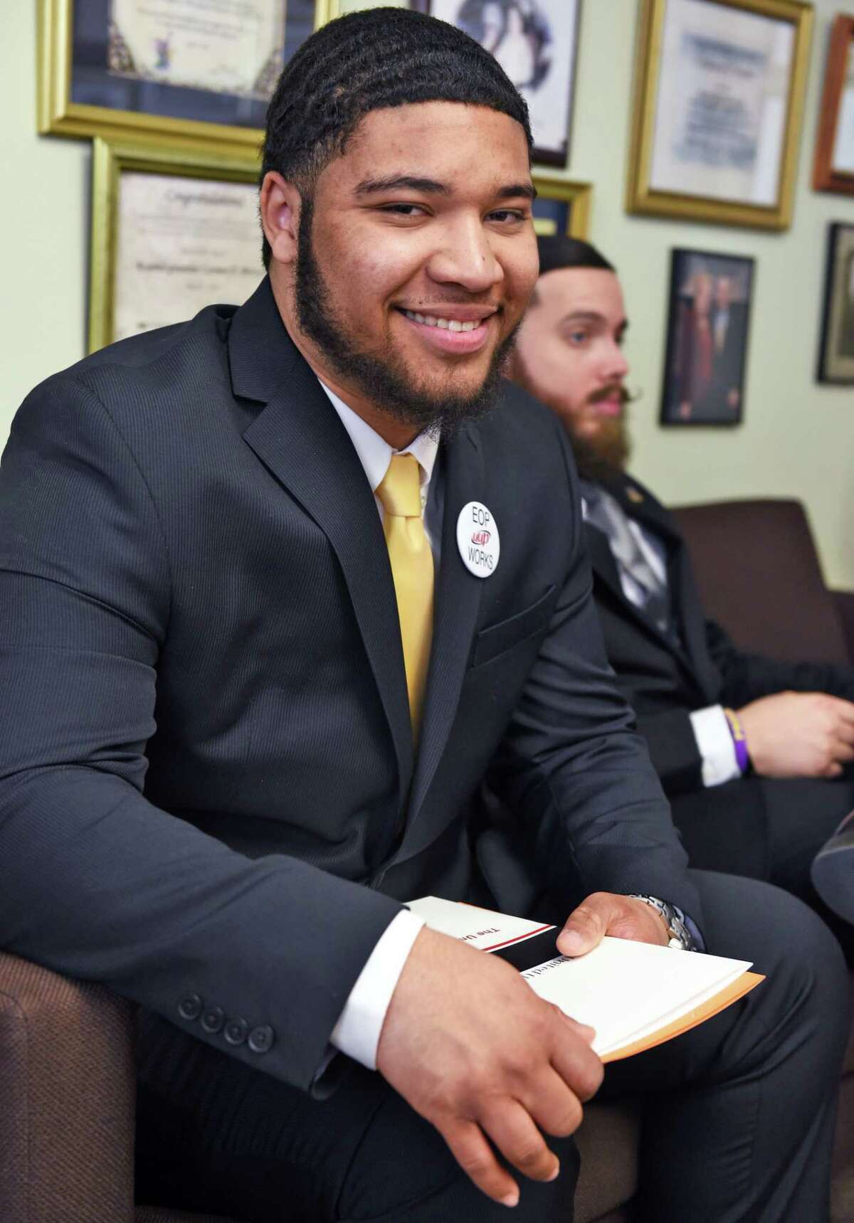 Moises Urena a SUNY student who grew up homeless lobbies for increased state aid during a visit to the Capitol Wednesday March 8, 2017 in Albany, NY. (John Carl D'Annibale / Times Union)