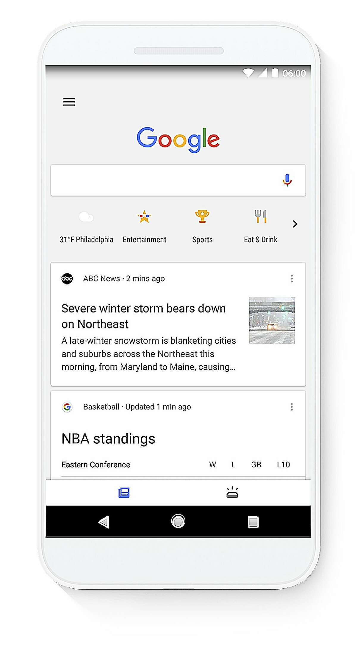 This image provided by Google shows a screen grab of a smartphone demonstrating the use of a new search feature by Google called Shortcuts. Shortcuts are a new row of icons that appear below the Google search box that can be tapped so people can see the latest weather in the area, movie times, suggestions on places to eat or scores of their latest teams without typing anything into the search box. (Google via AP)