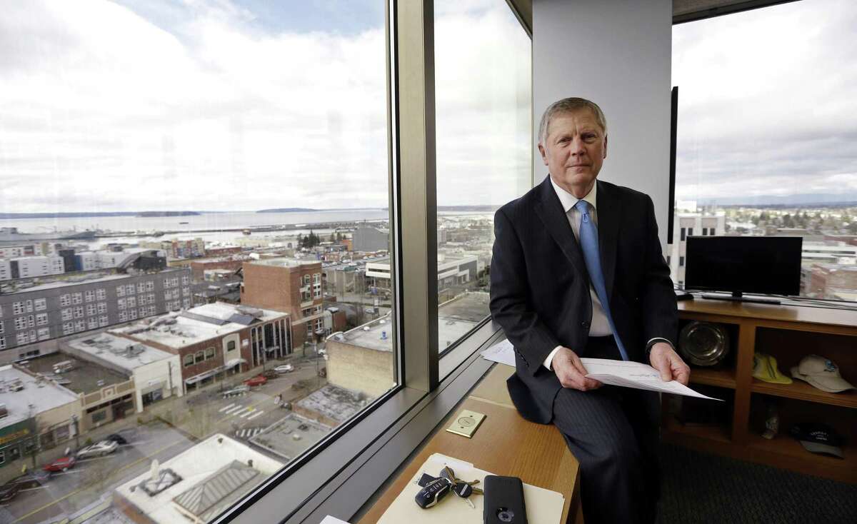 In this Feb. 16, 2017, photo, Everett Mayor Ray Stephanson sits in his corner office overlooking downtown Everett, Wash.
