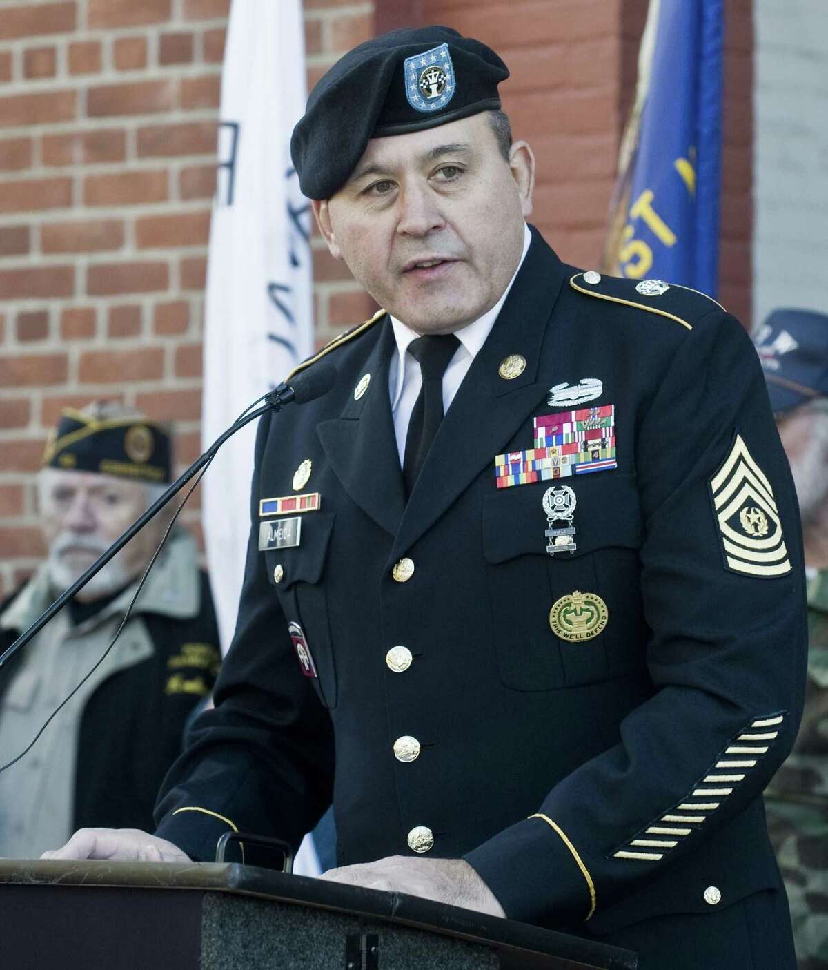 Al Almeida of Danbury was the guest speaker in the Veteran's Day ceremony at the War Memorial in 2016.
