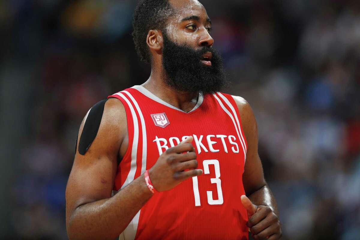 Houston Rockets guard James Harden runs down court in the second half against the Nuggets on March 18, 2017, in Denver. The Rockets won 109-105.