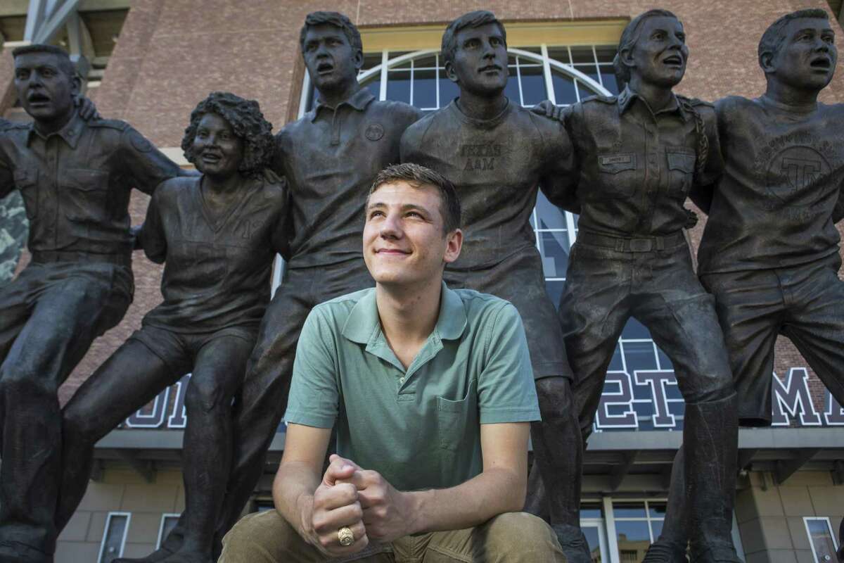 Texas A&M's newly-elected student body president Bobby Brooks, a junior from Belton, Texas, poses for a portrait in front of the War Hymn Monument on Monday, March 20, 2017, in Houston. ( Brett Coomer / Houston Chronicle )
