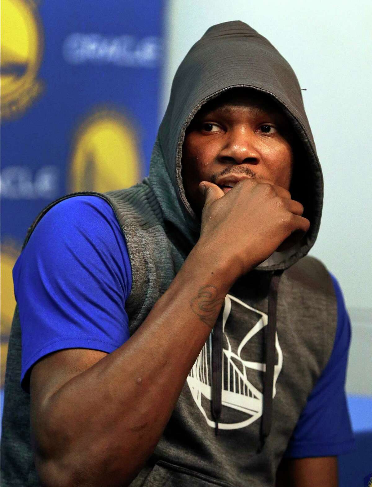 Golden State Warriors' Kevin Durant during answers questions during a news conference prior to the team's NBA basketball game against the Boston Celtics on Wednesday, March 8, 2017, in Oakland, Calif. (AP Photo/Ben Margot)