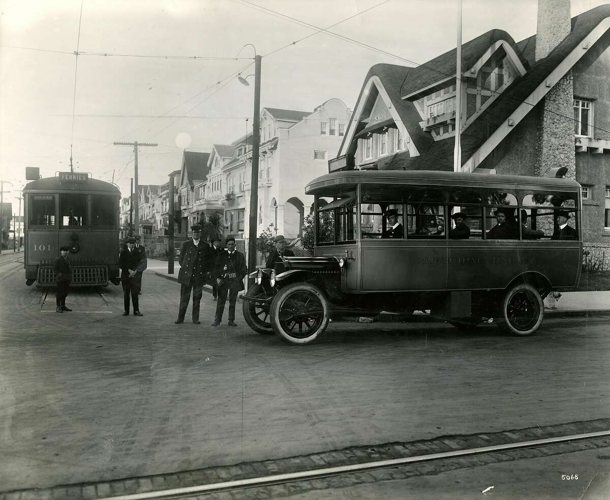Gallery: Evolution of SF Muni buses over the decades 1910's : From the back of the photo - In 1918, the growing Muni introduced its first gasoline bus which crossed Golden Gate Park in San Francisco, shown at the intersection of 10th Avenue and Fulton Street. (Story ran in the Chronicle on October 8, 1962.)