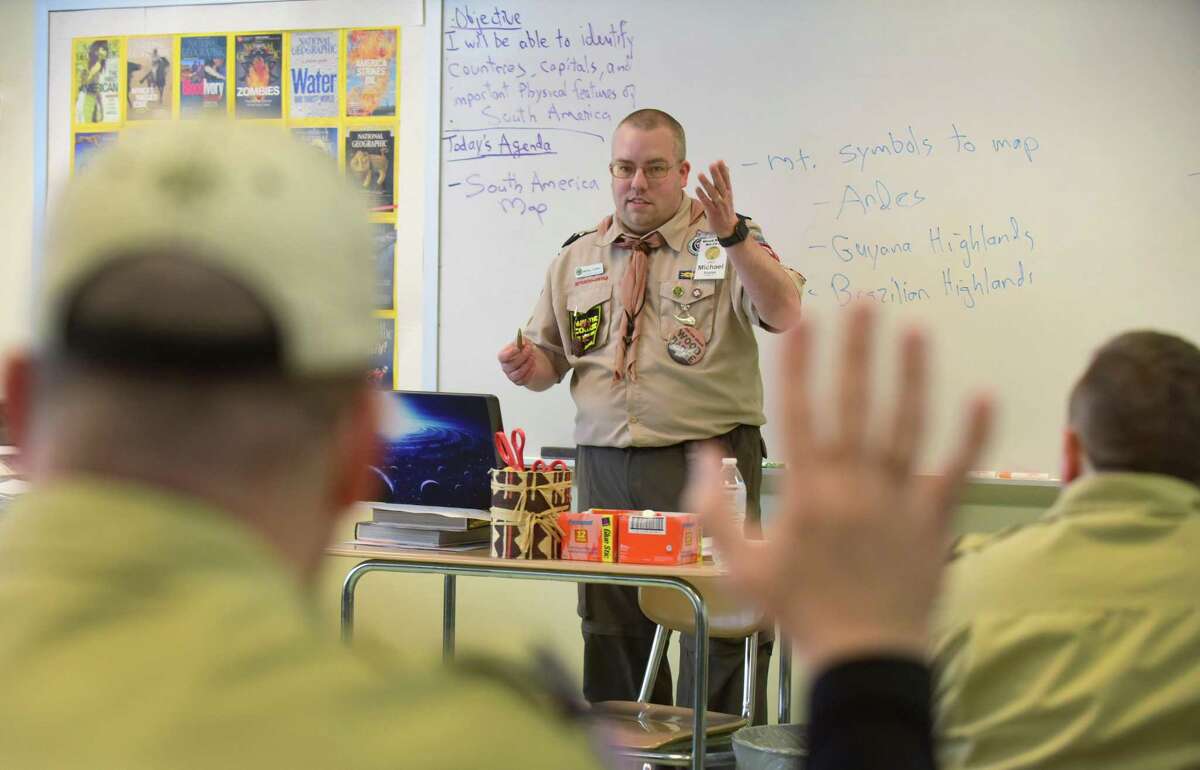 Norwalk resident and Cubmaster for Pack 97, Michael Szarpa, gives a lecture to other Cubmasters and Assistant Cubmasters on outdoor activities, Out and About, as more than 250 Cub Scout, Venturing and Boy Scout leaders from Fairfield County and New Haven County gather Saturday, March 18, 2017, at Roger Ludlowe Middle School in Fairfield to hone their outdoor and leadership skills at the Connecticut Yankee Councils 2017 University of Scouting in Fairfield, Conn.