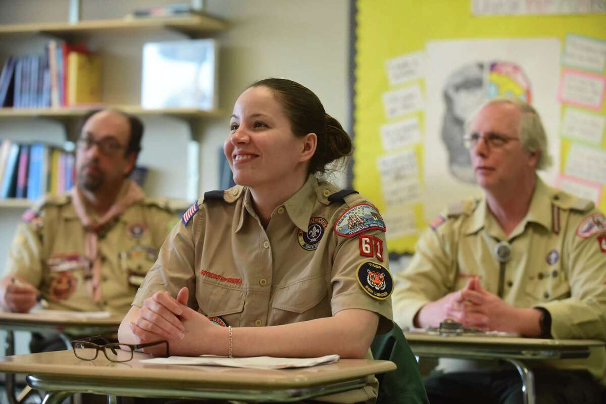 Norwalk resident and Pack 68 Scout leader Nicole Allen listen to a lecture as more than 250 Cub Scout, Venturing and Boy Scout leaders from Fairfield and New Haven counties gather Saturday, March 18, at Roger Ludlowe Middle School in Fairfield to hone their outdoor and leadership skills at the Connecticut Yankee Councils 2017 University of Scouting in Fairfield.