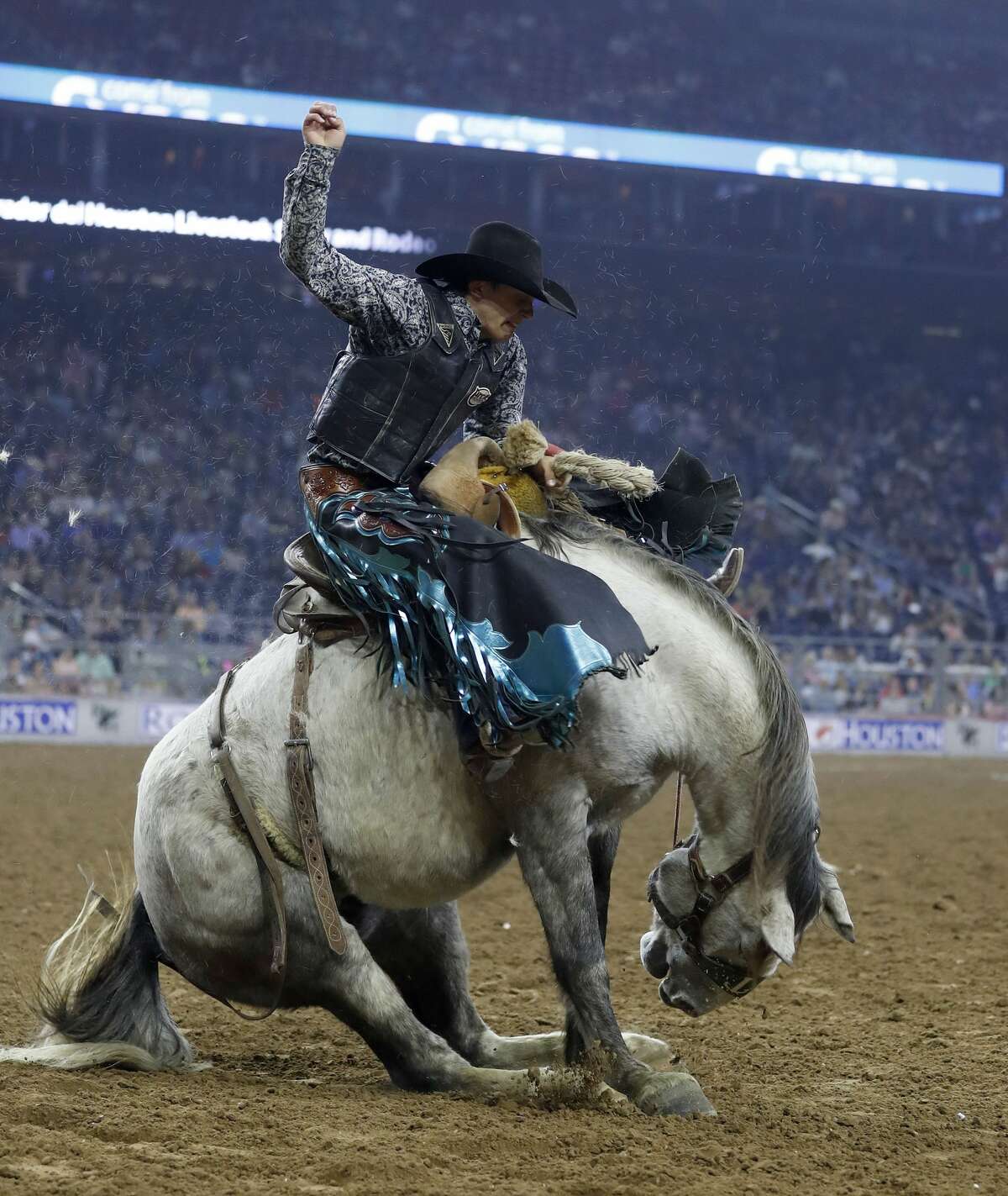 Cheat Burrito falls as Roper Kiesner tried to hang on, he ended up with a reride option later, during the saddle bronc competition semifinals at the Houston Livestock Show and Rodeo at NRG Stadium, Wednesday, March 22, 2017, in Houston. ( Karen Warren / Houston Chronicle )
