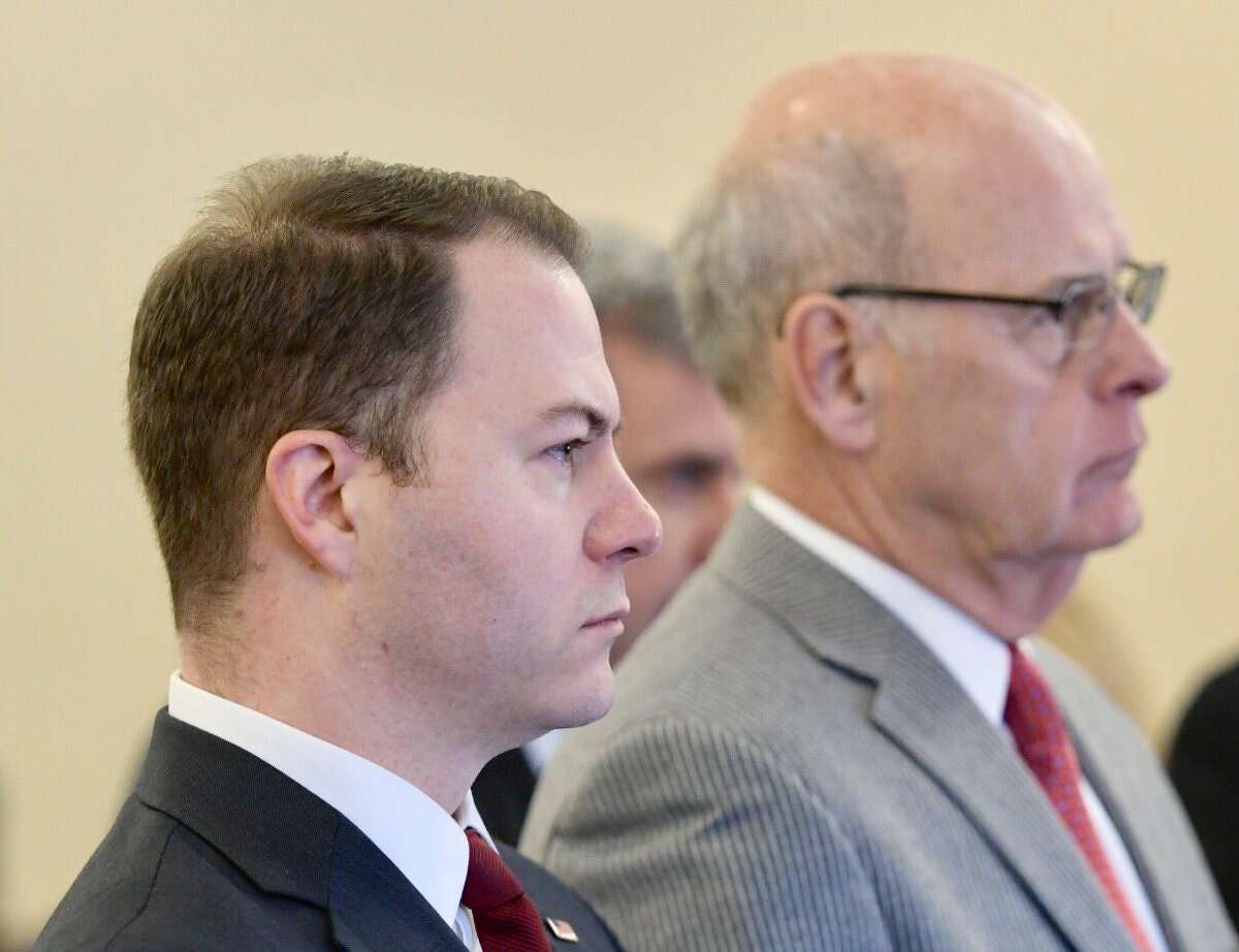 State Sen. Robert Ortt, R-Niagara Count, awaits arraignment in Albany County Court on Thursday. At right is his attorney, Stephen Coffey. (Skip Dickstein / Times Union)
