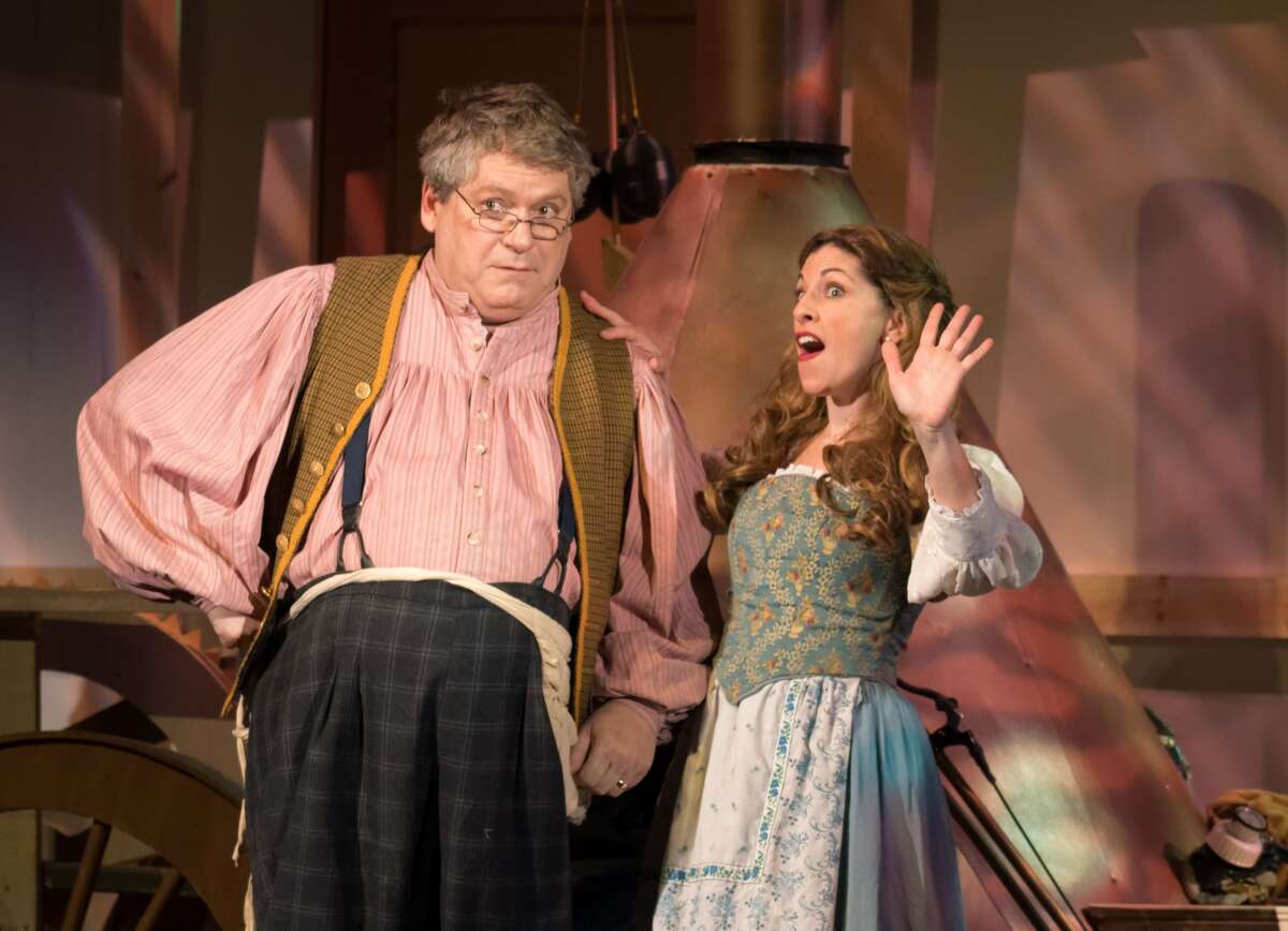 STEVEN SIMPKINS | for the Daily News Dale Bills, left, and Tara Besso Ell rehearse a scene from the Center Stage Theatre's production of "Beauty and the Beast" Wednesday evening at the Midland Center for the Arts. The musical opens March 25 at 7:30 p.m. and has five more shows running March 26 at 3 p.m., March 30-April 1 at 7:30 p.m., April 2 at 3:00 p.m.