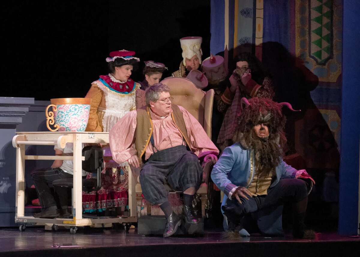 STEVEN SIMPKINS | for the Daily News From left: Easton Damude, Sarah Smith, Claire Francis, Stephen Fort, Kyle Sanborn, Dale Bills and True Rogers rehearse a scene from the Center Stage Theatre's production of "Beauty and the Beast" Wednesday evening at the Midland Center for the Arts. The musical opens March 25 at 7:30 p.m. and has five more shows running March 26 at 3 p.m., March 30-April 1 at 7:30 p.m., April 2 at 3:00 p.m.