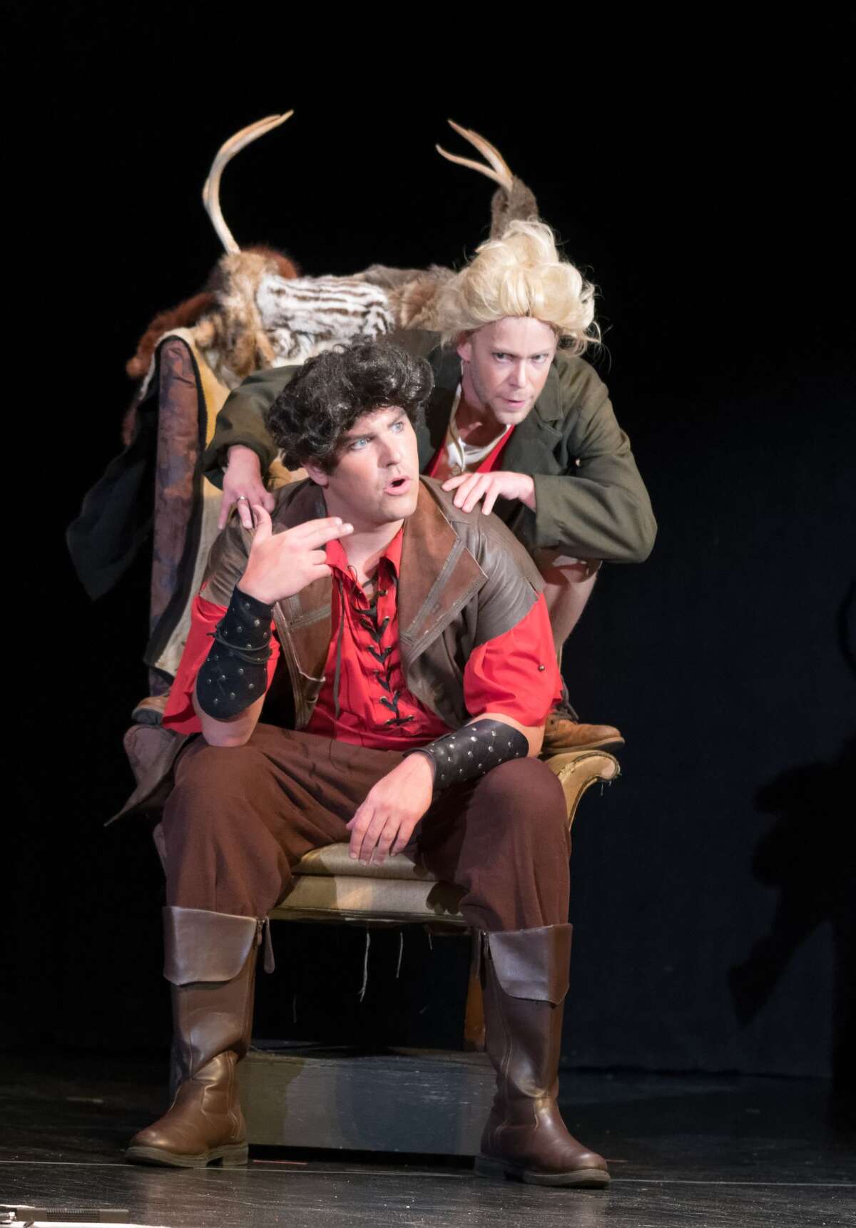 STEVEN SIMPKINS | for the Daily News Phillip James Horen, left, and Patrick Schefsky rehearse a scene from the Center Stage Theatre's production of "Beauty and the Beast" Wednesday evening at the Midland Center for the Arts. The musical opens March 25 at 7:30 p.m. and has five more shows running March 26 at 3 p.m., March 30-April 1 at 7:30 p.m., April 2 at 3:00 p.m.