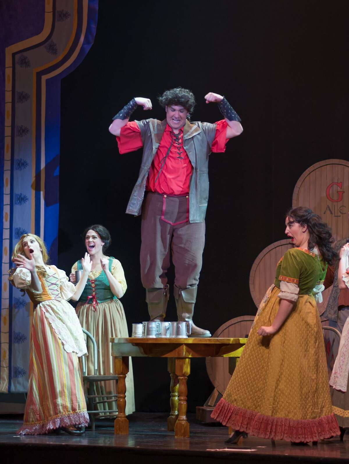 STEVEN SIMPKINS | for the Daily News From left: Brittany Ann Nicol, Mackenzie Hopkins, Jaeleen Davis and Patrick Schefsky rehearse a scene from the Center Stage Theatre's production of "Beauty and the Beast" Wednesday evening at the Midland Center for the Arts. The musical opens March 25 at 7:30 p.m. and has five more shows running March 26 at 3 p.m., March 30-April 1 at 7:30 p.m., April 2 at 3:00 p.m.