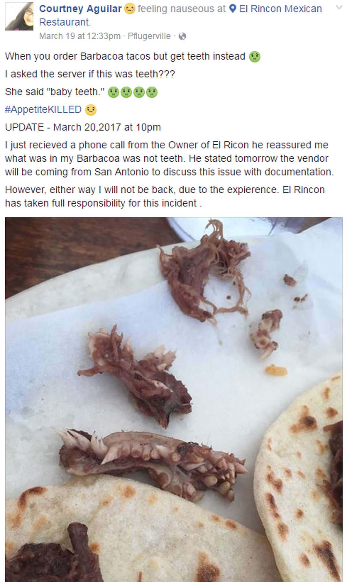 Screengrab of El Rincon Mexican Restaurant customer Courtney Aguilar's Facebook post, showing what she initially believed was "teeth" in her barbacoa taco. 