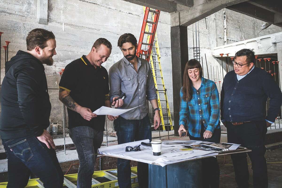 The team at Che Fico looks over plans in the ground floor Divisadero space that will become Theorita; Che Fico will be upstairs. Left to right: Ryan Fowler, David Nayfeld, Matt Brewer, Angela Pinkerton, Jon de la Cruz