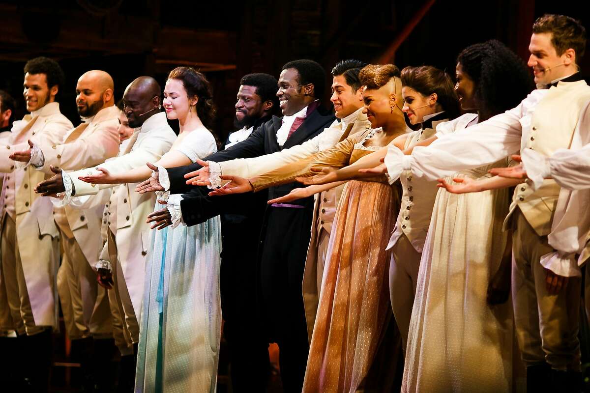 Cast of 'Hamilton' are recognized by the audience during the curtain call at Orpheum Theatre in San Francisco, Calif. Thursday, March 23, 2017.