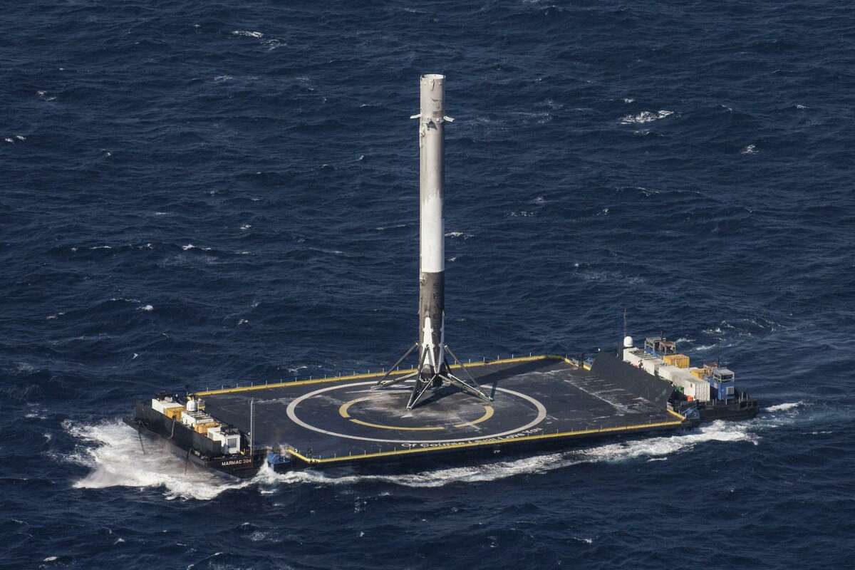 The Falcon 9 rocket slated to launch next week originally flew in April 2016. Shown is its successful landing on an unmanned drone ship bobbing in the Atlantic Ocean. “This is a Wright Brothers moment for space,” says Phil Larson, a former space policy adviser to President Barack Obama who worked for SpaceX and is now at the University of Colorado. “It’s as important as the first plane taking off and landing and taking off again.”