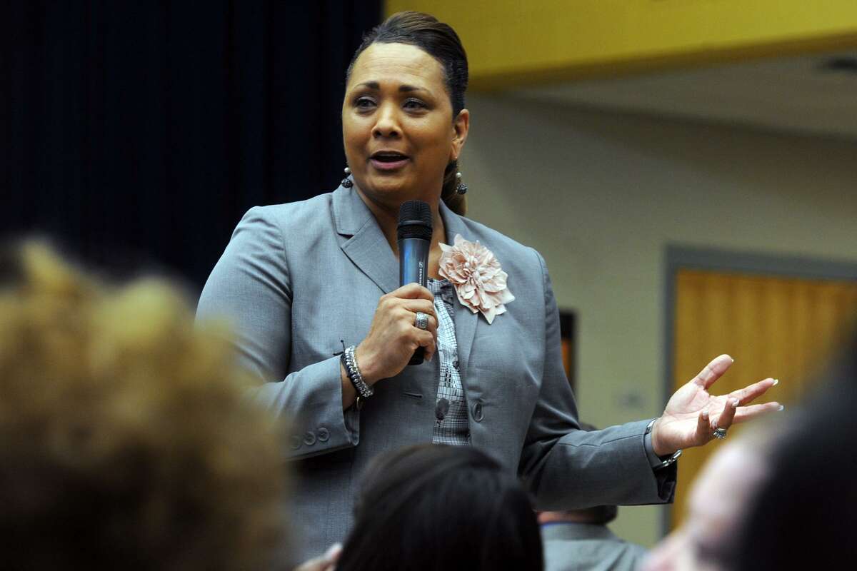 A. Katrise Perera speaks during a public forum for the two candidates for the Bridgeport Superintendent of Schools position held at the Johnson School in Bridgeport, Conn. March 23, 2017.