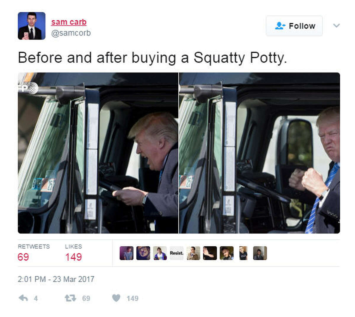 The Internet had a field day with a photo of Trump taken at a White House event held for truckers and industry CEOs. Photo: #TrumpTruck on Twitter