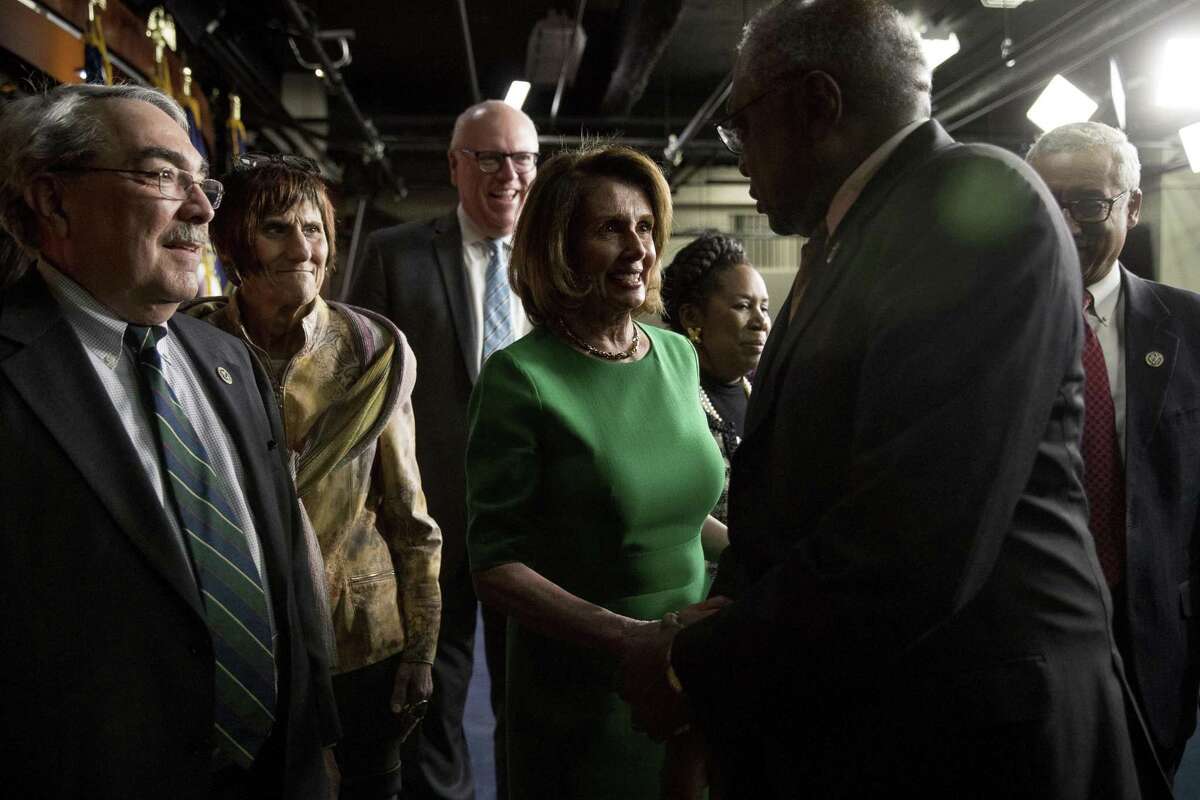 From left, Rep. G. K. Butterfield, D-N.C., Rep. Rosa DeLauro, D-Conn., Rep. Joseph Crowley, D-N.Y., House Minority Leader Nancy Pelosi of Calif., Rep. Sheila Jackson Lee, R-Texas, Rep. Jim Clyburn, D-S.C., and Rep. Bobby Scott, D-Va., depart after speaking at a news conference on Capitol Hill in Washington, Friday, March 24, 2017. Republican leaders have abruptly pulled their troubled health care overhaul bill off the House floor, short of votes and eager to avoid a humiliating defeat for President Donald Trump and GOP leaders.(AP Photo/Andrew Harnik)