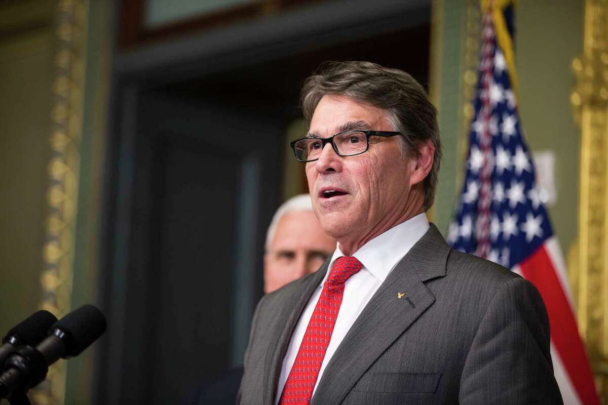 Energy Secretary Rick Perry speaks after Vice President Mike Pence administered the oath of office in Washington, March 2, 2017. Perry has accused the Student Government Association at Texas A&M, his alma mater, of rigging the election for student body president. (Al Drago/The New York Times)