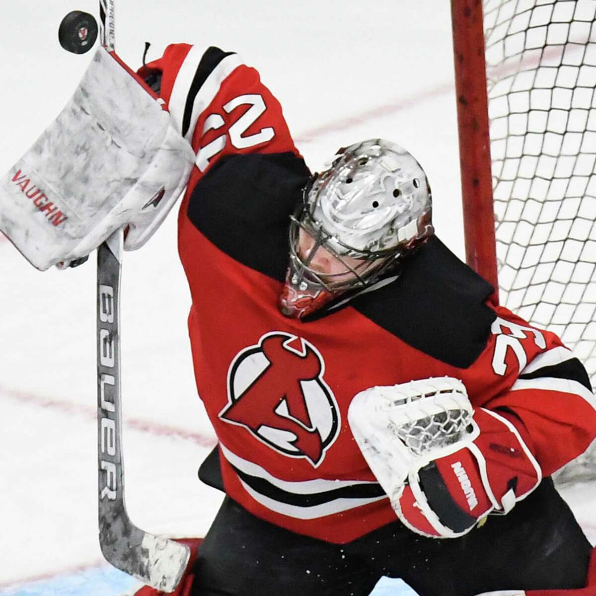 Albany Devils goalie #29 Mackenzie Blackwood stops a Utica Comets shot during Friday's game at the Times Union Center March 24, 2017 in Albany, NY. (John Carl D'Annibale / Times Union)