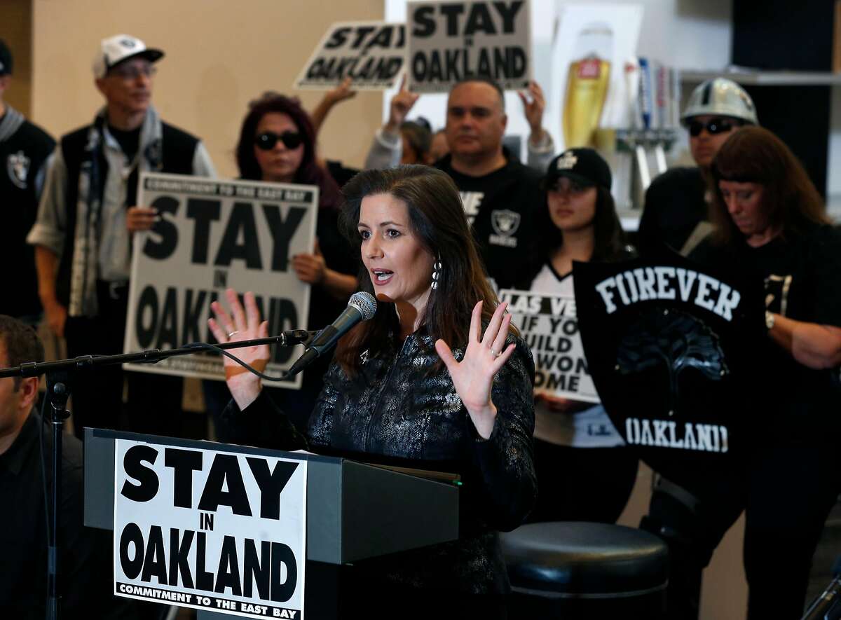 Oakland Mayor Libby Schaaf details a new football stadium plan at a news conference and rally at the Coliseum in Oakland, Calif. on Saturday, March 25, 2017, in a last ditch effort to convince NFL owners to vote down a proposal to relocate the Raiders to Las Vegas.