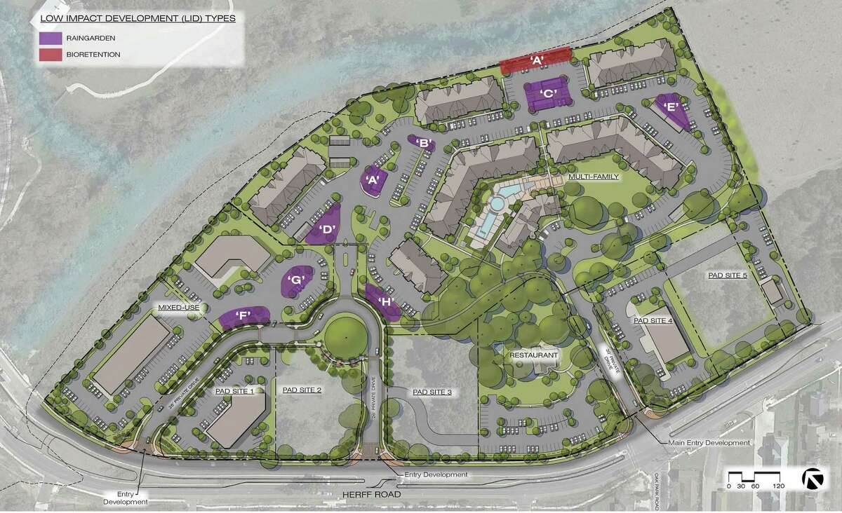 “Rain gardens” and permeable pavement were among the design elements proposed at "17 Herff" in Boerne to filter storm water before it could drain into the nearby Cibolo Creek. A zoning decision by Boerne City Council has killed the project, the developers said.