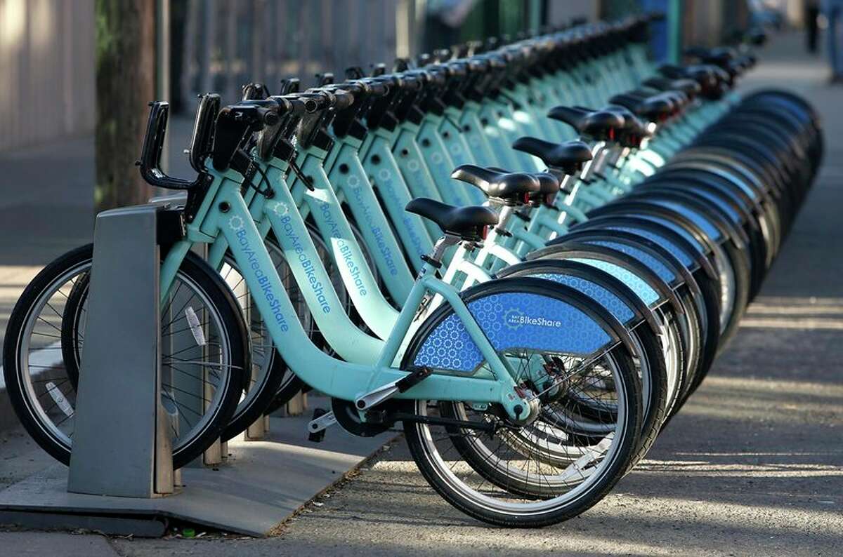 Bicycles are docked at a Bay Area BikeShare station at the Caltrain depot in San Francisco, Calif. on Thursday, March 2, 2017. (Photo by Paul Chinn, The Chronicle)