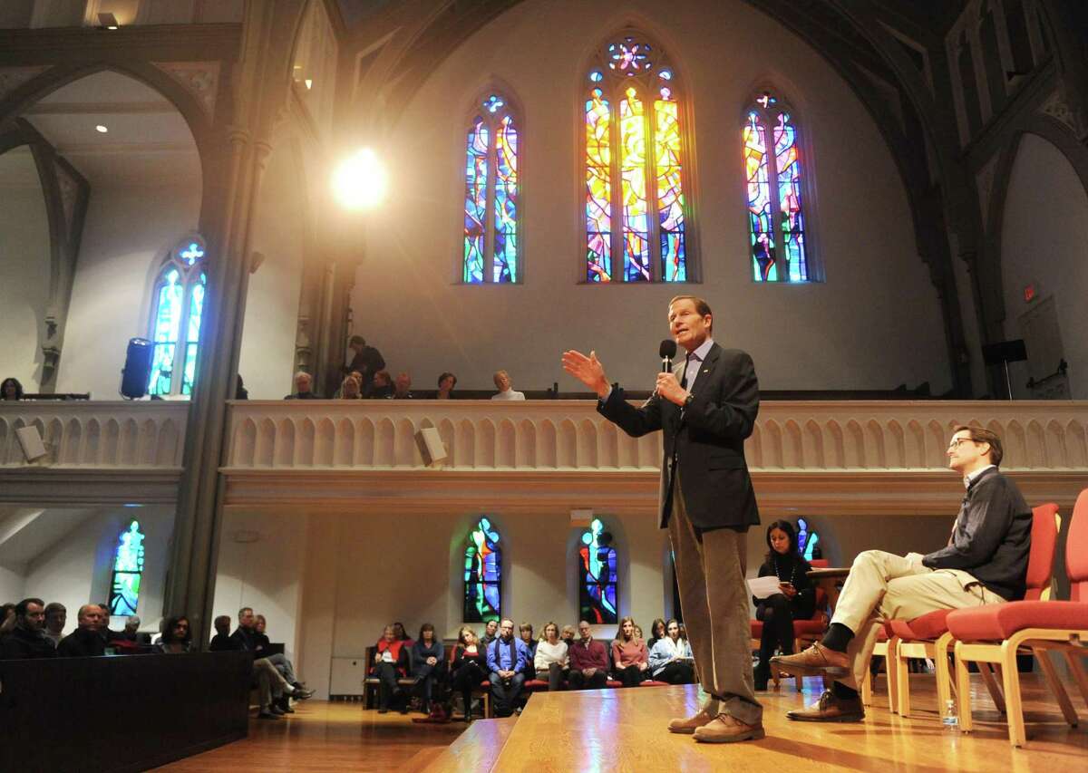 U.S. Sen. Richard Blumenthal speaks during a town hall discussion on activism at Second Congregational Church in Greenwich, Conn. Sunday, March 26, 2017. U.S. Senators Chris Murphy and Richard Blumenthal as well as U.S. Rep. Jim Himes spoke in the community Q&A discussion moderated by Connecticut Democratic Party Vice Chair Dita Bhargava.