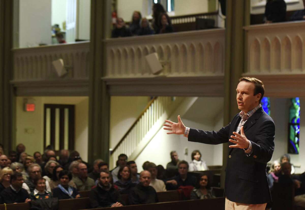 U.S. Sen. Chris Murphy speaks during a town hall discussion on activism at Second Congregational Church in Greenwich, Conn. Sunday, March 26, 2017. U.S. Senators Chris Murphy and Richard Blumenthal as well as U.S. Rep. Jim Himes spoke in the community Q&A discussion moderated by Connecticut Democratic Party Vice Chair Dita Bhargava.