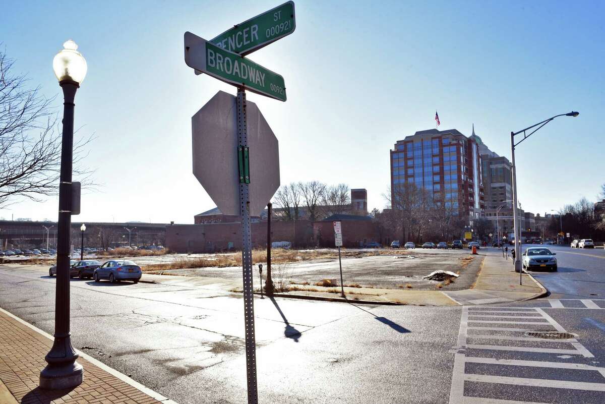 Corner of Spencer Street an Broadway, site of proposed development in the Quackenbush Square area, Wednesday Jan. 11, 2017 in Albany, NY. (John Carl D'Annibale / Times Union)