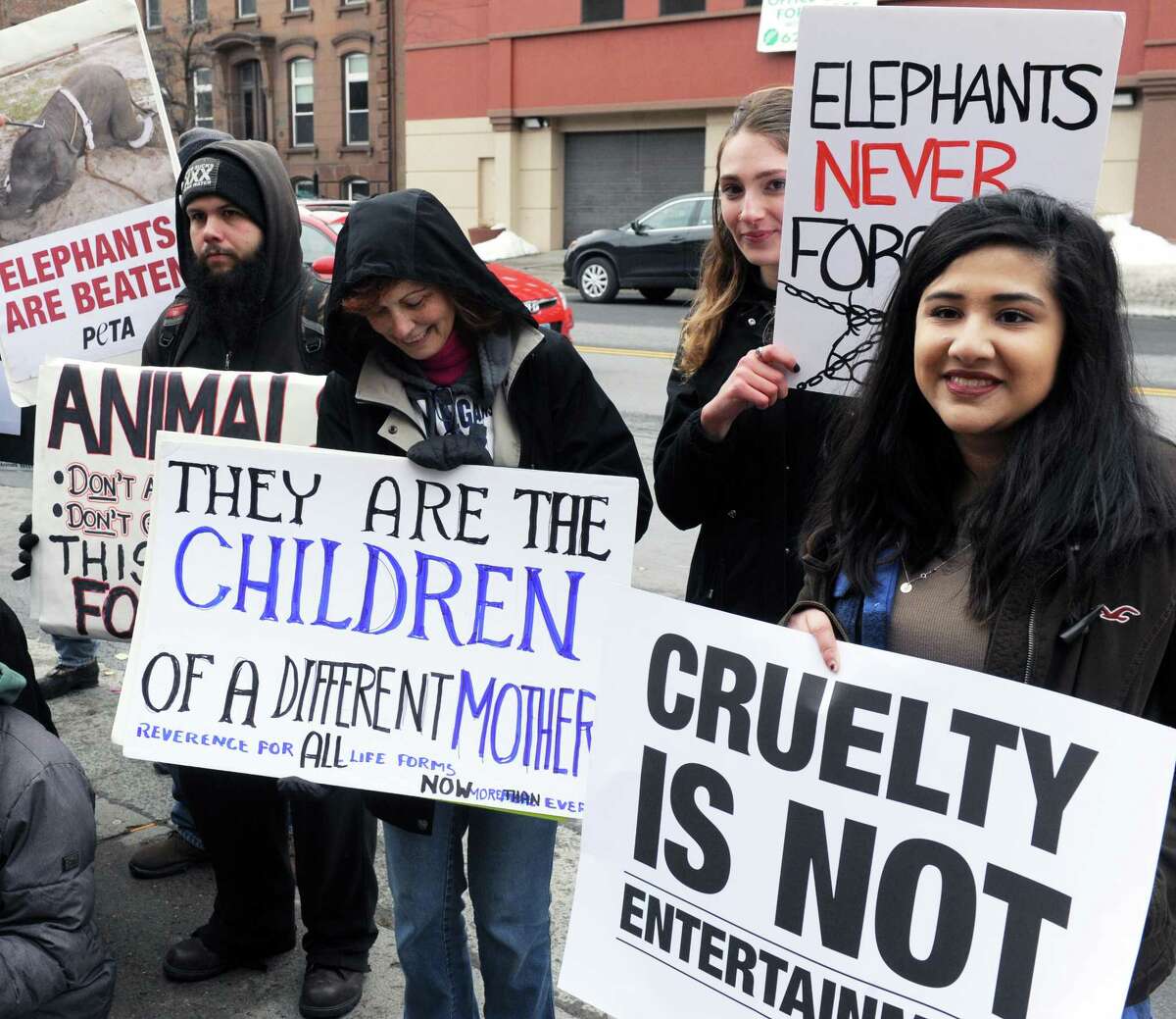 Animal rights activits gather outside the Armory in Albany, N.Y. on March 26, 2017 to protest the use of elephants in a circus going on inside. (Robert Downen/Times Union)
