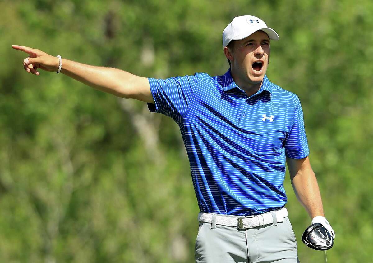 Jordan Spieth reacts after teeing off on the third hole of his match during round two of the World Golf Championships-Dell Technologies Match Play at the Austin Country Club on March 23, 2017.
