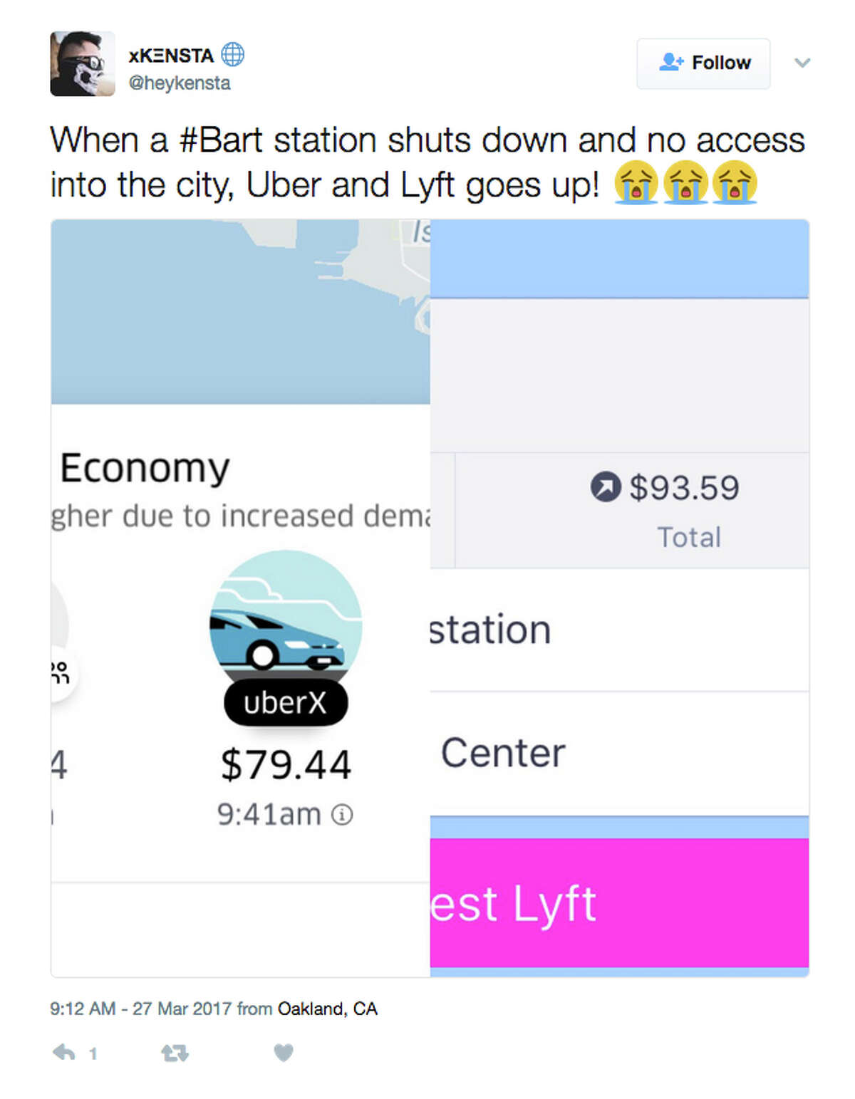 Surge pricing costs on ride-sharing services Lyft and UBER (pictured above)  during the height of the morning commute on Monday morning, March 27, 2017.