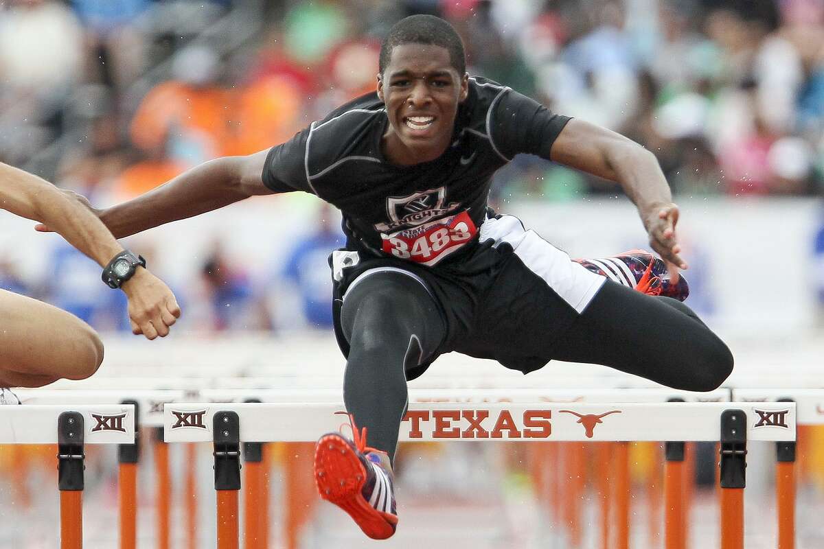 Steele’s J.T. Woods clears the final hurdle in the 6A boys 110-meter event at the UIL State Track and Field Championships at Myers Stadium in Austin on May 14, 2016.