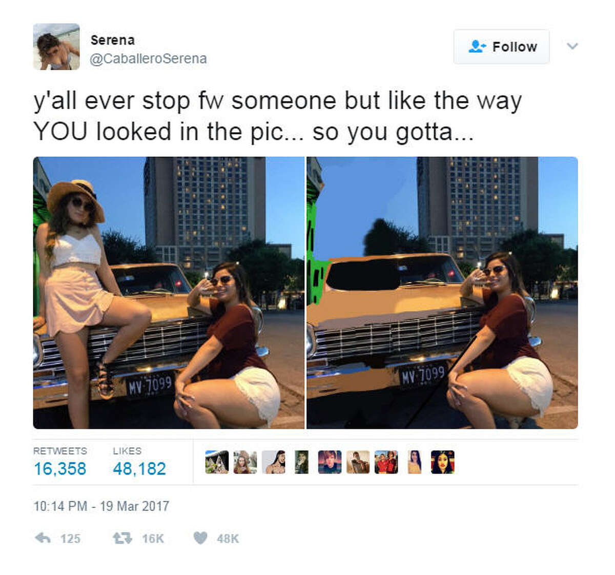 Texas teen Serena Caballero painted over someone in a photo of herself and has gone viral for her Photoshop technique. A thread of memes began following the tweet. Source: Twitter
