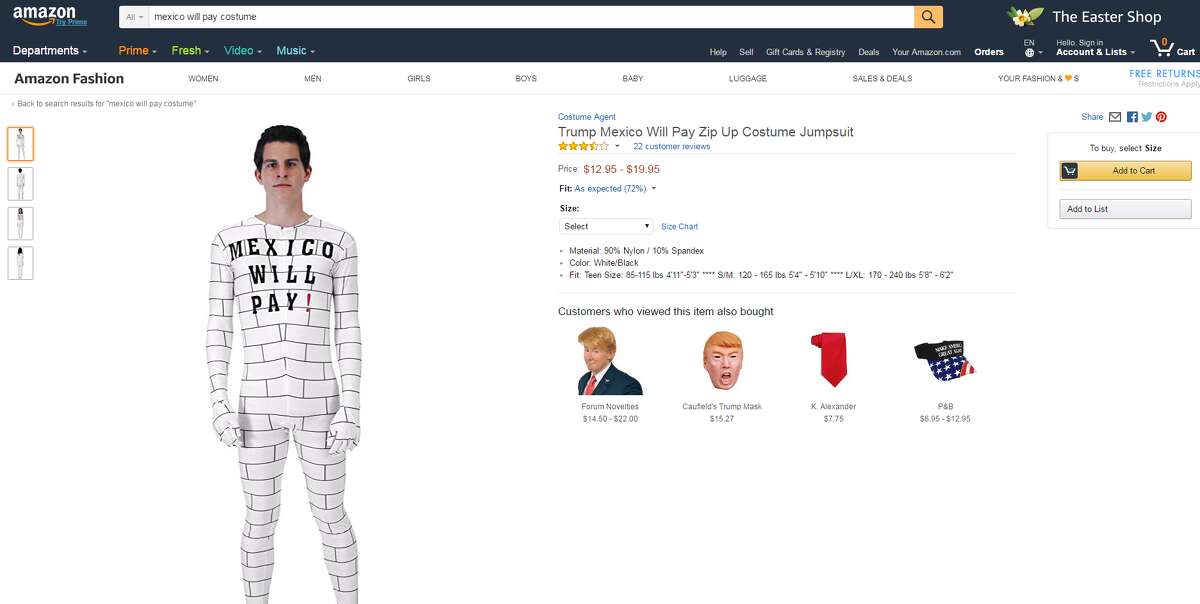 Brooklyn-based Jerónimo Saldaña penned a petition to Amazon CEO Jeff Bezos to remove the product, sold by Costume Agent, because he feels it promotes President Donald Trump's "hate filled" agenda.