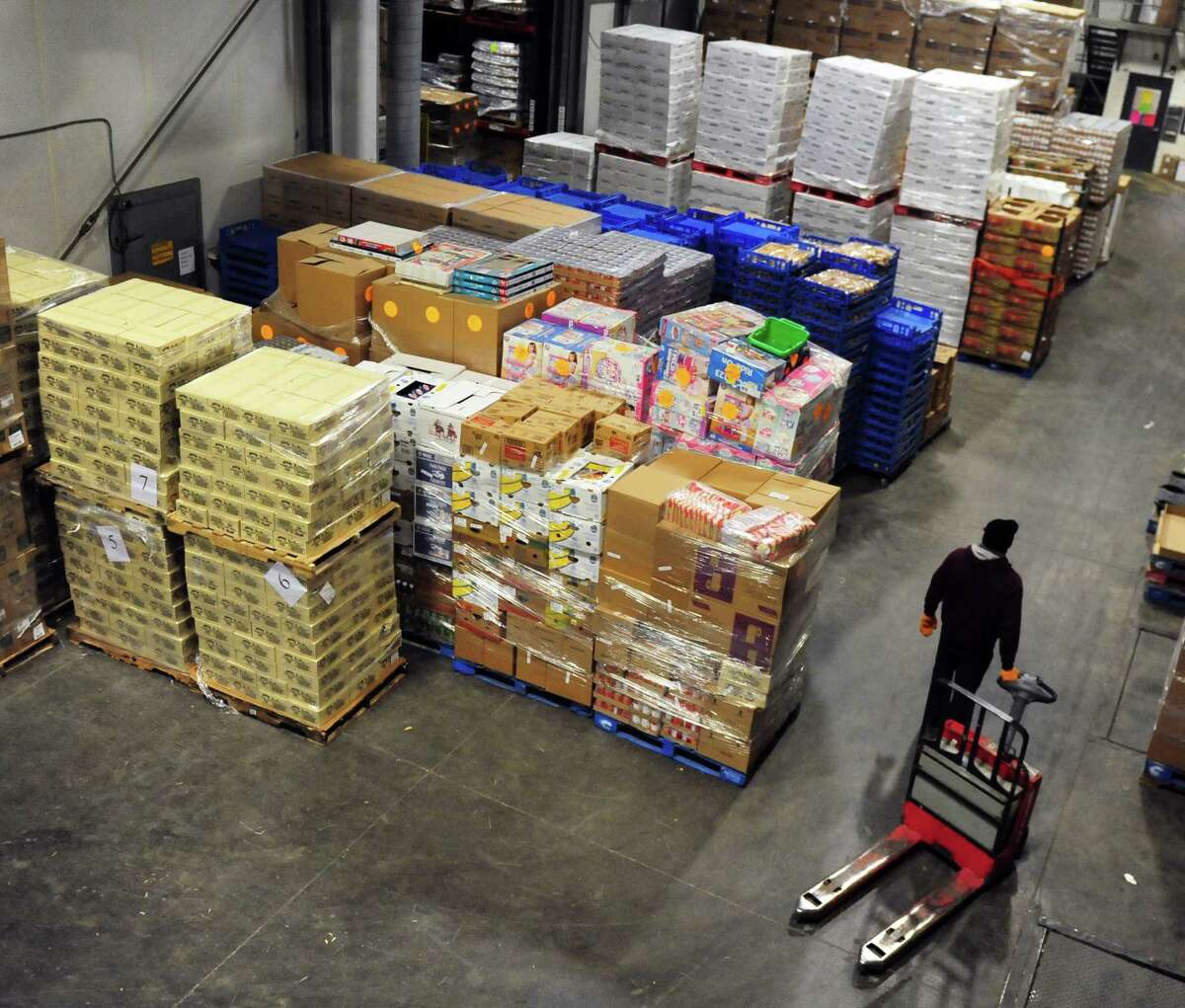 One part of the Regional Food Bank warehouse in Colonie, N.Y., from which thousands of pounds of fresh and non-perishable food is distributed to 23 New York counties each day. (Robert Downen/Times Union)