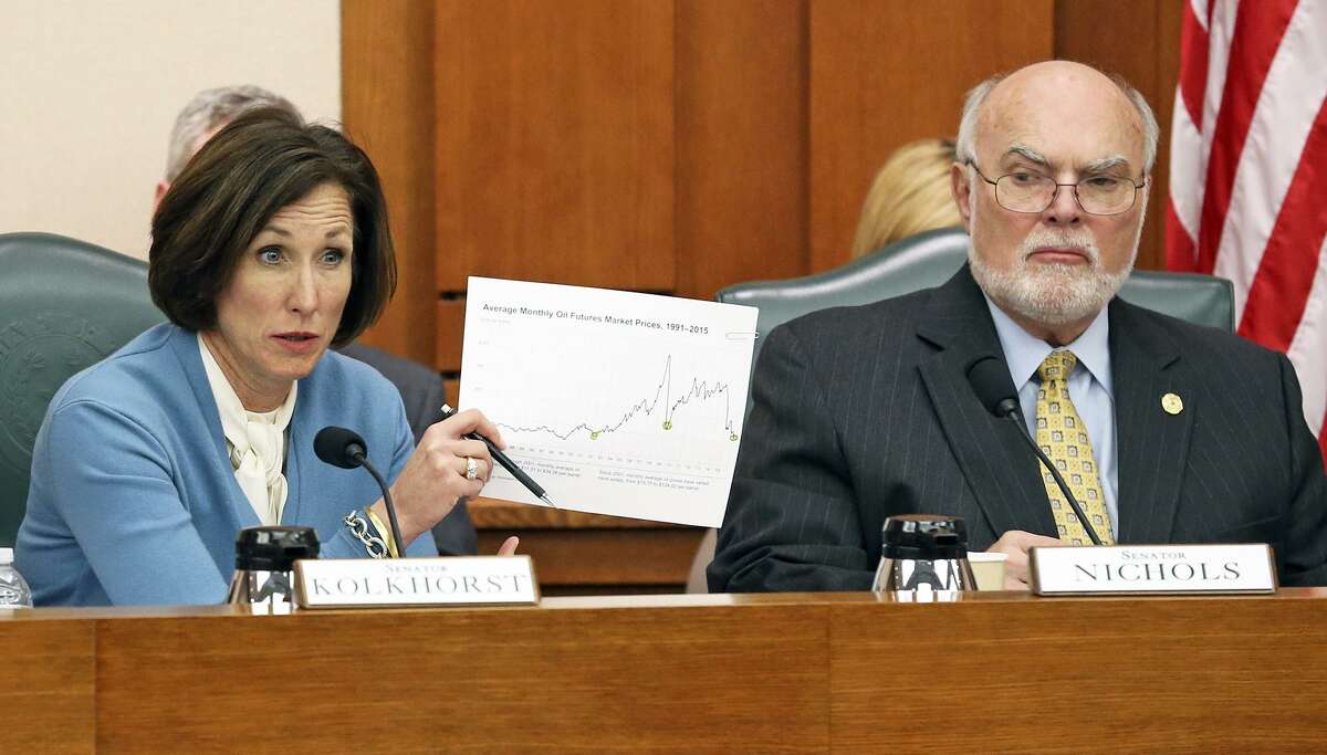 Senator Lois Kolkhorst presents graphic history of revenues with Senator Robert Nichols observing as State Comptroller Glenn Hegar testifies at the Senate Finance Committee meeting at the State Capitol on January 26, 2016.