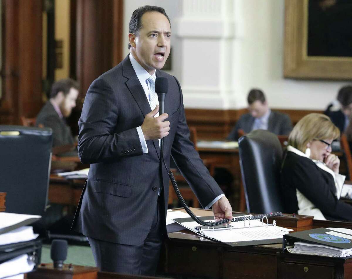 Senator Jose Menendez raises a concern about a bill as the Texas Senate takes up its budget proposal on the floor in the Capitol on March 28, 2017.