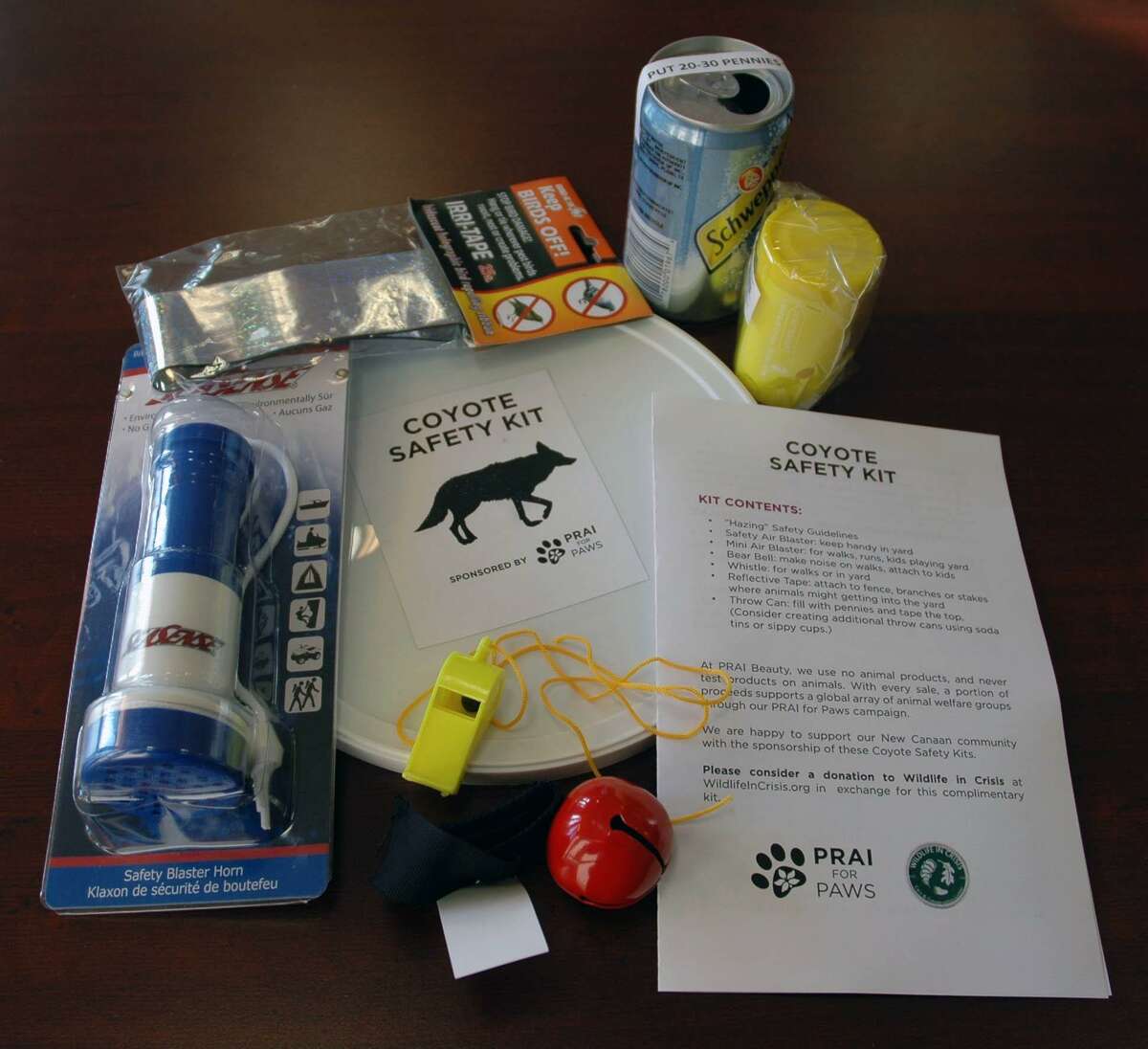 The coyote kit compiled by New Canaan Animal Control includes items like a horn and a whistle to safely scare off the animals.