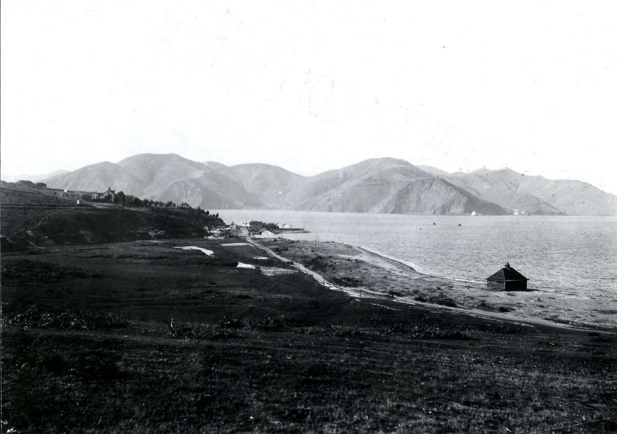Looking toward the Golden Gate, decades before the bridge was built, from The Presidio of San Francisco in the 1880's.