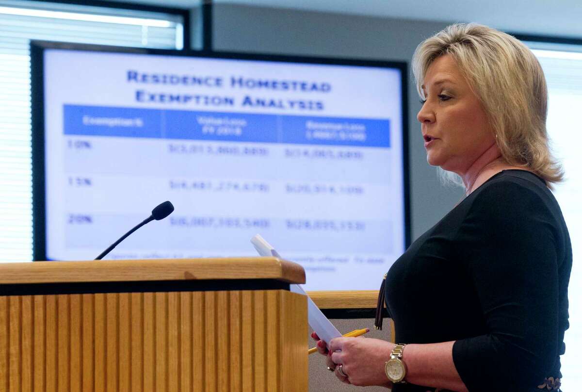 Montgomery County Tax Assessor Collector Tammy McRae speaks during Commissioners Court at the Alan B. Sadler Commissioners Court Building on Tuesday, March 28, 2017, in Conroe. Court members approved a 20% homestead exception for residents.