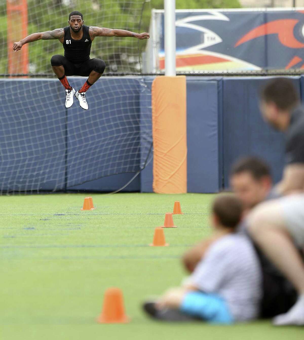 Kenny Bias stretches Tuesday, March 28, 2017 while competing in UTSA's NFL Pro Day.