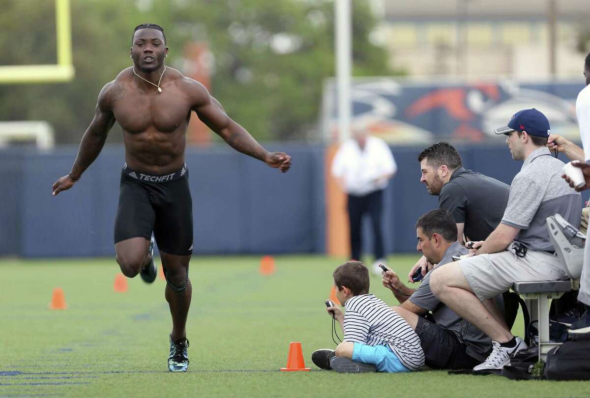 Jason Moore runs sprints for NFL scouts Tuesday, March 28, 2017 while competing in UTSA's NFL Pro Day.