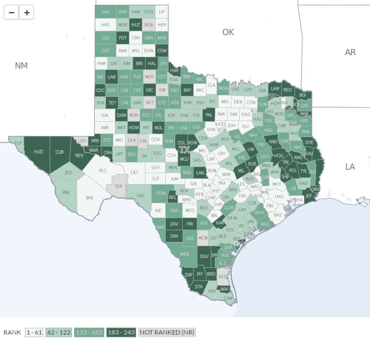 This map shows the most, least healthy counties in Texas